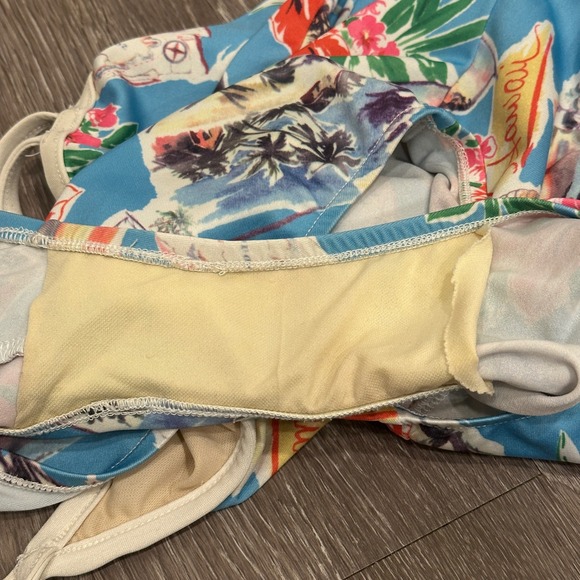 VTG 90s Hawaii Postcard Print One Piece Swimsuit Blue Tropical Floral Small - Picture 10 of 12